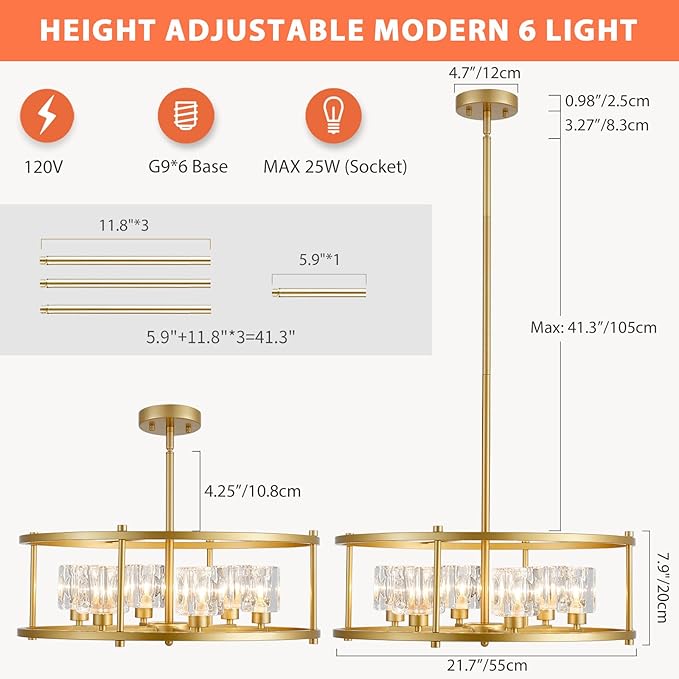 21.7" Round Gold Chandelier Ceiling 6-Light Modern Pendant Lighting Fixture Adjustable Height Chandeliers with Glass Lampshade for Bedroom Dining Room Kitchen Foyer
