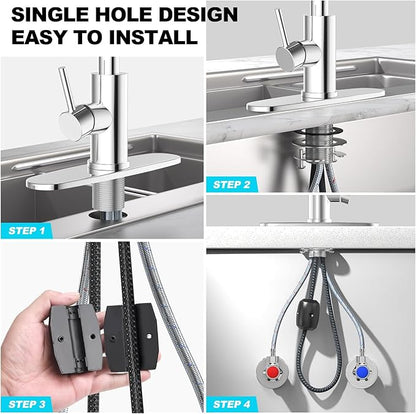 AVSIILE Waterfall Kitchen Faucets with Pull Down Sprayer & Soap Dispenser in Chrome, Single Hole, Single Handle, Pull Out Tap, Stainless Steel Sink Faucet, Suitable for Farmhouse Camper Laundry Rv Bar