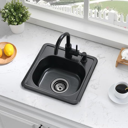 15 Inch Black Drop In Bar Sink-Bokaiya 15x15 Small Wet Bar Prep Sink Outdoor Rv 18 Gauge Stainless Steel Single Bowl Kitchen Sinks with Dish Grid