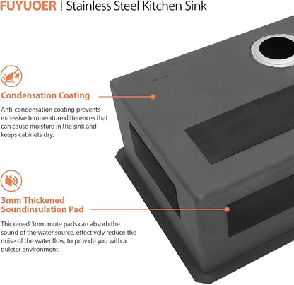 33 Inch Undermount Kitchen Sink - Fuyuoer 33x19 Inch Under Counter 16 Gauge Stainless Steel Single Bowl, 9'' Deep Basin with Round Corners