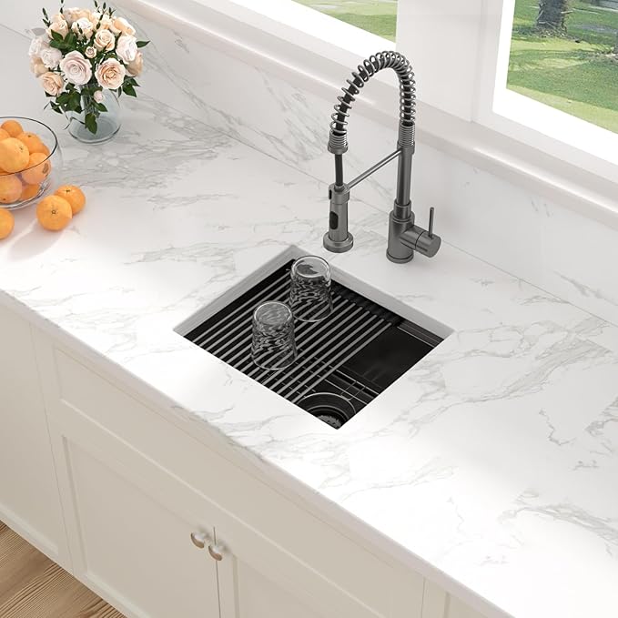 Sarlai 17 Black Undermount Bar Sink - 17 x 15 Inch Undermount Workstation Bar Prep Sink Gunmetal Black Under Mount Single Bowl Small Bar Outdoor 16 Gauge Stainless Steel RV Kitchen Sinks Basin