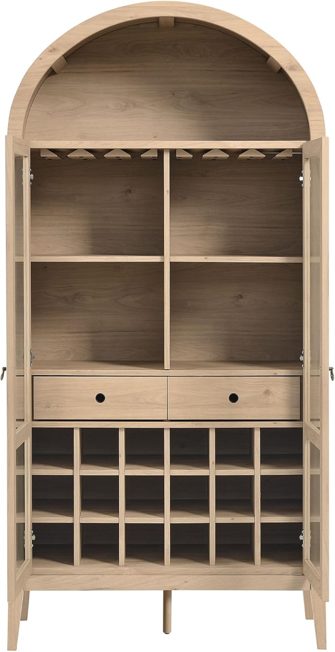Modway Nolan Modern Farmhouse Arched Bar Cabinet in Light Oak Wood Grain - 72 Inch Tall Wine Storage Cabinet with Glass Doors and Wine Rack - Large Liquor Cabinet for Dining or Living Room