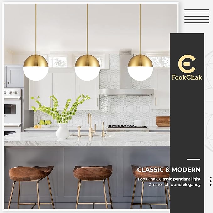 10in Glass Gold Pendant Light Globe Mid Century Modern Kitchen Island Pendant Lighting Brass Frosted Glass Hanging Light Fixtures Milky White Ball Pendant Lights for Dining Room Entry Bathroom
