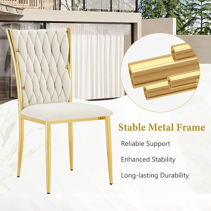 Upholstered Dining Chairs Set of 4, Hand-Woven Back Kitchen Chair, Luxury Gold Dining Chairs,Velvet Upholstery with Metal Legs, Modern Velvet Chair for Dining Room、Kitchen、Restaurant