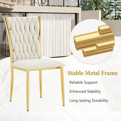 Upholstered Dining Chairs Set of 4, Hand-Woven Back Kitchen Chair, Luxury Gold Dining Chairs,Velvet Upholstery with Metal Legs, Modern Velvet Chair for Dining Room、Kitchen、Restaurant