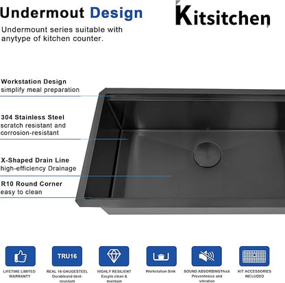 Kitsitchen Black Undermount Kitchen Sink,16 Gauge T-304S Stainless Steel Workstation Sink,33“ x 19"x 9" Large and Deep Single Bowl Kithchen Sink with Practical Accessories