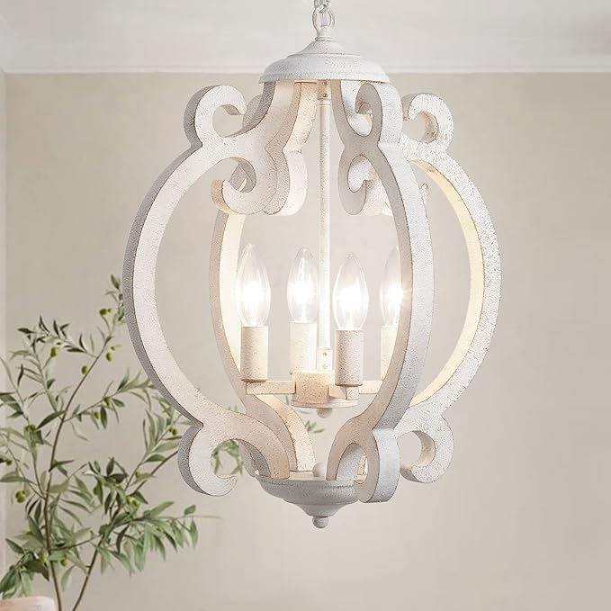 ALISADABOY Dining Room Chandelier Farmhouse Rustic White Wood Light Fixture Antique Orb Pendant Lighting for Kitchen Island Living Room Bedroom Entryway Foyer Staircase, 4 Light