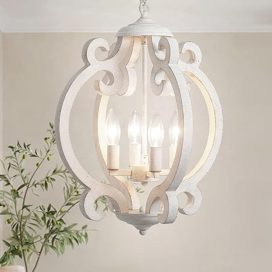ALISADABOY Dining Room Chandelier Farmhouse Rustic White Wood Light Fixture Antique Orb Pendant Lighting for Kitchen Island Living Room Bedroom Entryway Foyer Staircase, 4 Light