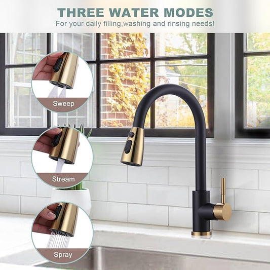 Black and Gold Kitchen Faucet with Sprayer, WOWOW Kitchen Sink Faucet Stainless Steel Single Handle Kitchen Faucets with Deck Plate, 360 Swivel High Arc Single Hole RV Kitchen Faucet
