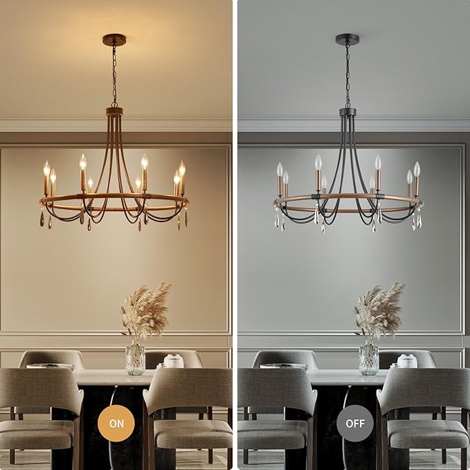 WUZUPS Wagon Wheel Chandelier Rustic Farmhouse Industrial Round Pendant Light Fixture with Smoky Gray Crystal for Dining Room Kitchen Island, H 28.3" x W 30.3", E12 Base, Brown Black