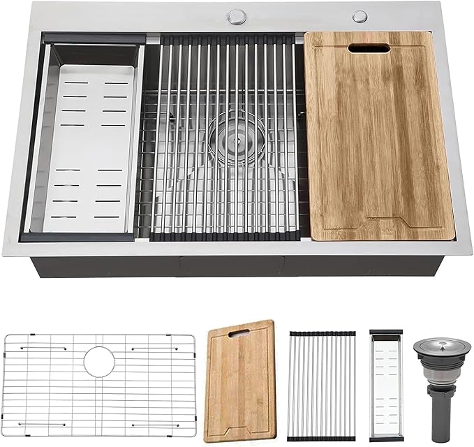 KINGO HOME Drop in Kitchen Sink,33"x 22" Inch Stainless Steel Kitchen Sinks,Brushed Nickel Single Bowl Basin Handmade Topmount workstation sink With Dish Grid,Dish Drainer,Cutting Board and Basket