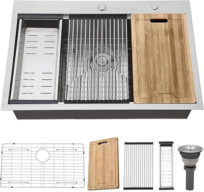 KINGO HOME Drop in Kitchen Sink,33"x 22" Inch Stainless Steel Kitchen Sinks,Brushed Nickel Single Bowl Basin Handmade Topmount workstation sink With Dish Grid,Dish Drainer,Cutting Board and Basket