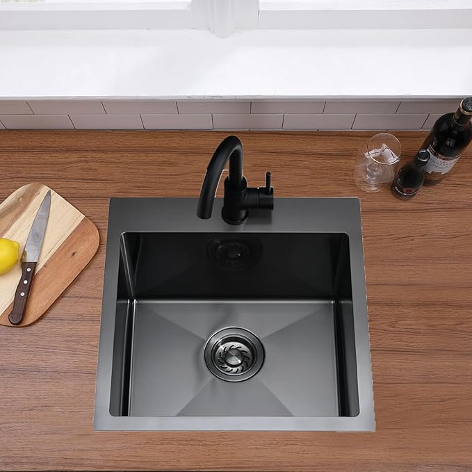 18x18 Inch Black Bar Sink Drop In, Topmount Stainless Steel Kitchen Sink, Square Small Kitchen Sinks, Single Bowl Kitchen Sinks for Laundry Wet Bar Prep RV Office Outdoor Yard with Grid & Drain