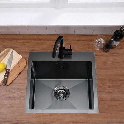 18x18 Inch Black Bar Sink Drop In, Topmount Stainless Steel Kitchen Sink, Square Small Kitchen Sinks, Single Bowl Kitchen Sinks for Laundry Wet Bar Prep RV Office Outdoor Yard with Grid & Drain