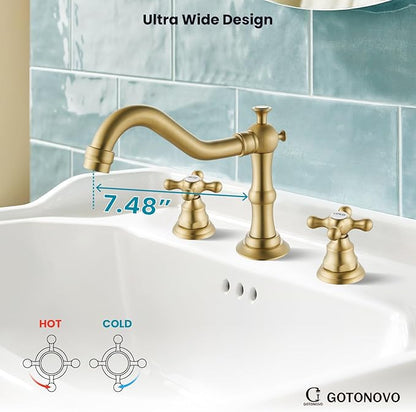 gotonovo Bathroom Faucet 3 Hole 8 Inch Widespread Bathroom Sink Faucet 2 Cross Handles Vintage Lavatory Vanity Mixer Tap with Pop Up Drain, HOT Cold Label, Brushed Gold