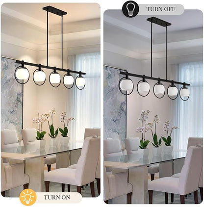 WJShome Dining Room Light Fixture/Chandelier Over Table, 5-Light Modern Kitchen Island Lighting Hanging for Farmhouse Linear Chandeliers Matte Black Ceiling Pendant Light Fixtures with Glass Shade