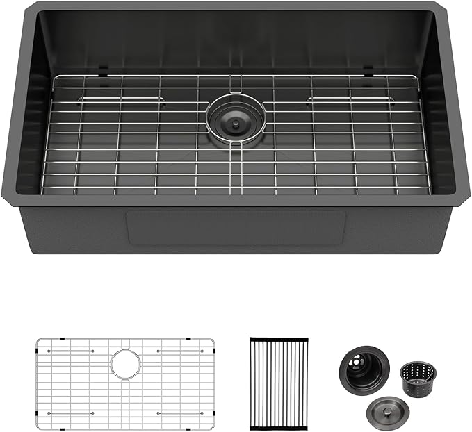 Logmey 32 Black Undermount Kitchen Sink - 32x18 Inch Kitchen Sink Stainless Steel Undermount Sink 16 Gauge Single Bowl Under Counter Kitchen Sink