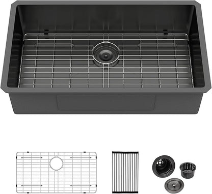 Logmey 32 Black Undermount Kitchen Sink - 32x18 Inch Kitchen Sink Stainless Steel Undermount Sink 16 Gauge Single Bowl Under Counter Kitchen Sink