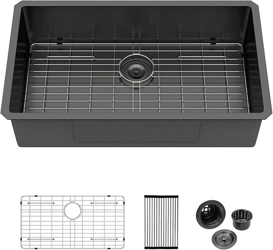 Logmey 32 Black Undermount Kitchen Sink - 32x18 Inch Kitchen Sink Stainless Steel Undermount Sink 16 Gauge Single Bowl Under Counter Kitchen Sink