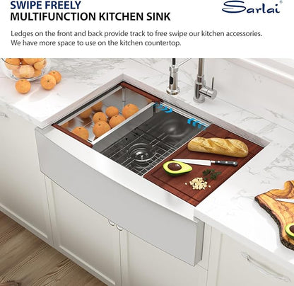 Sarlai 36 Farmhouse Kitchen Sink Double Bowl - 36 x 22 Inch Apron Front Stainless Steel 16 Gauge Ledge Workstation Farmer Sink Undermount Low Divide 60/40 Double Basin Under Counter Kitchen Farm Sinks