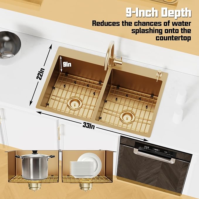 Gold 50/50 Double Bowl Kitchen Sink, 33"x 22" Stainless Steel Drop In Kitchen Sink Gold Topmount Sink With Gold-tone Accessories-Rack,Grid And Drain Assembly Add Luxurious Look For Modern Kitchen