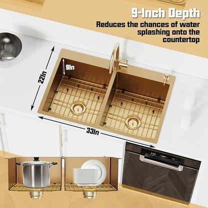 Gold 50/50 Double Bowl Kitchen Sink, 33"x 22" Stainless Steel Drop In Kitchen Sink Gold Topmount Sink With Gold-tone Accessories-Rack,Grid And Drain Assembly Add Luxurious Look For Modern Kitchen