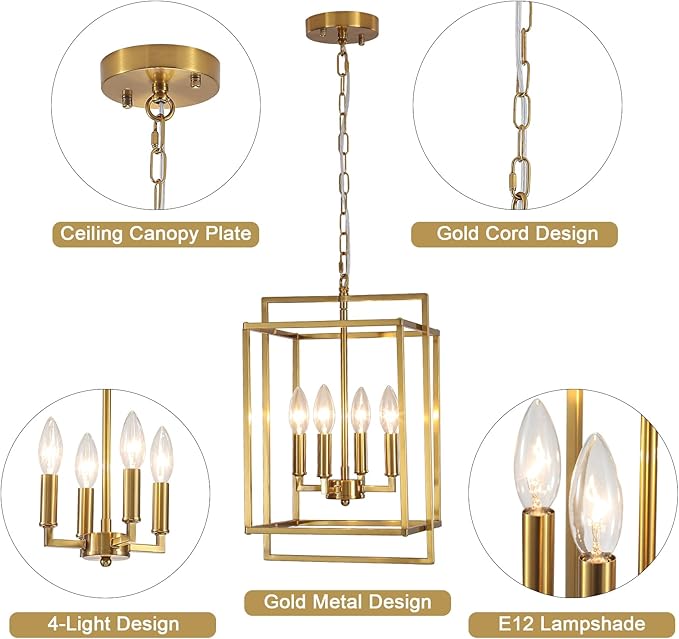 4-Light Gold Lantern Chandelier, Rustic Farmhouse Rectangle Pendant Light, Adjustable Height Modern Dining Room Light Fixture for Kitchen Island Living Room Entryway Foyer 10.8Inch