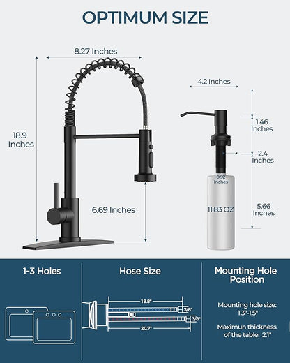 FORIOUS Black Kitchen Faucet with Soap Dispenser, Stainless Steel Kitchen Sink Faucet with Pull Down Sprayer Single Handle Modern Spring Commercial for Laundry Utility Room RV Camp Bar Farmhouse