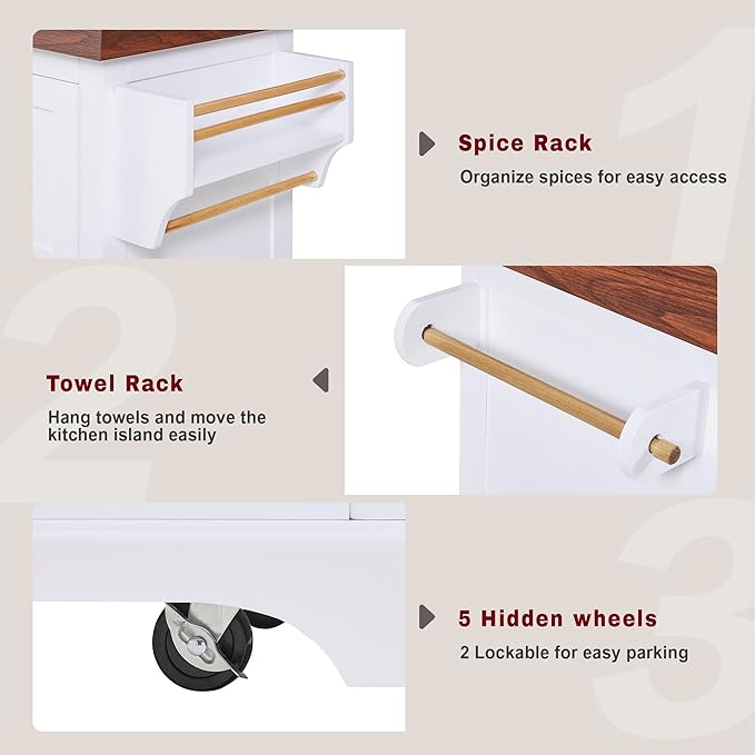 53.25" Large Kitchen Island with Storage on Wheels and 2 Extra-large Drawers, Rolling kitchen Island with Spice Rack and Towel Rack, Mobile Dining Table with 3.5" Thick Desktop and Cabinet White