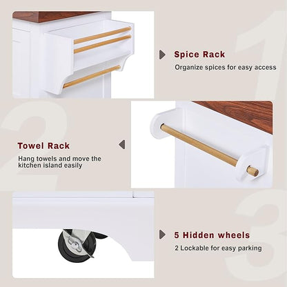 53.25" Large Kitchen Island with Storage on Wheels and 2 Extra-large Drawers, Rolling kitchen Island with Spice Rack and Towel Rack, Mobile Dining Table with 3.5" Thick Desktop and Cabinet White