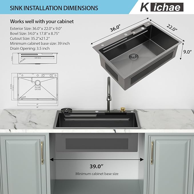 Kichae 36 Black Kitchen Sink Drop In Waterfall - 36x22 Drop Sink Stainless Steel 16 Gauge Single Bowl Waterfall Kitchen Sinks Workstation Handmade with Faucet & Glass Rinser
