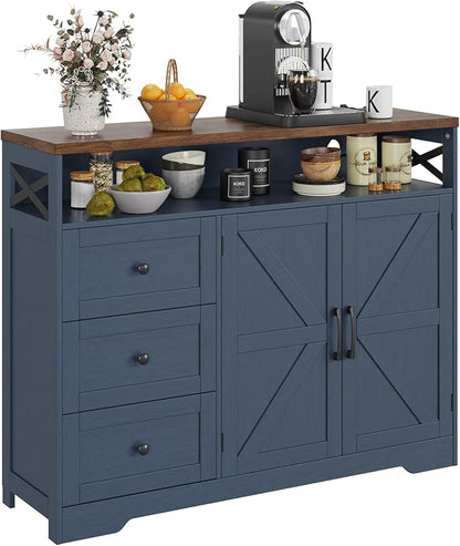 Befrases Farmhouse Buffet Cabinet with Drawers & Open Shelf, Sideboard with Storage, Kitchen Pantry Cabinet Hutch, Coffee Bar Station for Kitchen, Livingroom, 47" L Blue