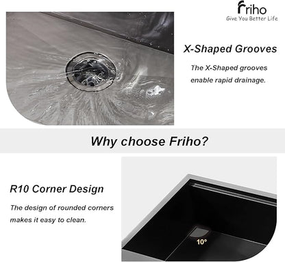 Friho Black Farmhouse Sink, 33 Inch Farmhouse Kitchen Sink Workstation 16 Gauge Stainless Steel 9 Inch Deep Single Bowl Farm Sink with Accessories