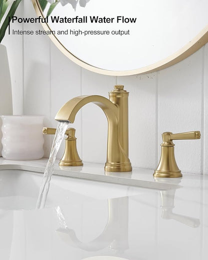 Brass Bathroom Waterfall Faucet, 4-16 Inch Brushed Gold Bathroom Faucet Widespread Bathroom Sink Faucet, 2 Handles Bathroom Faucets for Sink 3 Hole with Pop Up Drain, Water Hoses