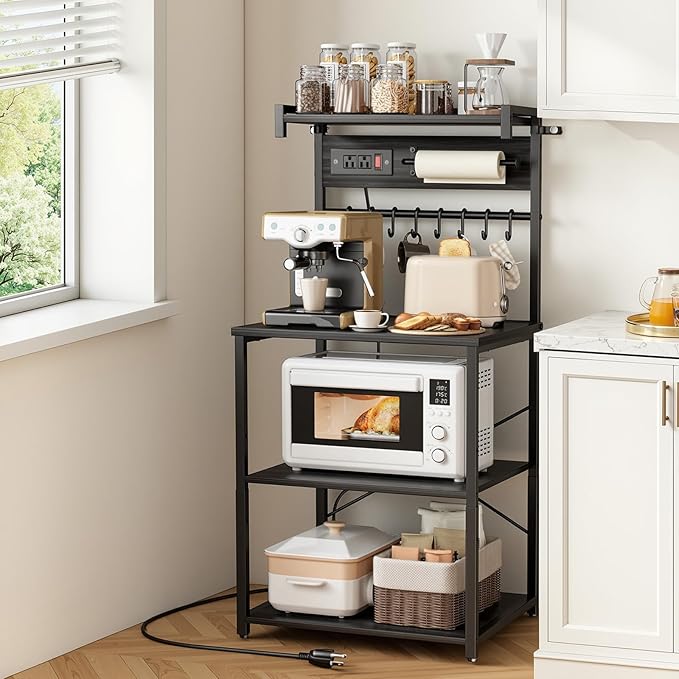 VEVOR Kitchen Bakers Rack with Power Outlets, 23.6 x 15.7 x 55.1 Inch Microwave Stand with Built-in Power Strip & 4.6 Ft Cord, 8 S-Shaped Hooks, for Dish Storage, Spice Jars, Coffee Bar Organization