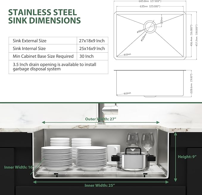 27 Inch Undermount Kitchen Sink 16 Gague Stainless Steel Round Corner Single Bowl Deep Kitchen Sinks Basin 27"x18"x9"