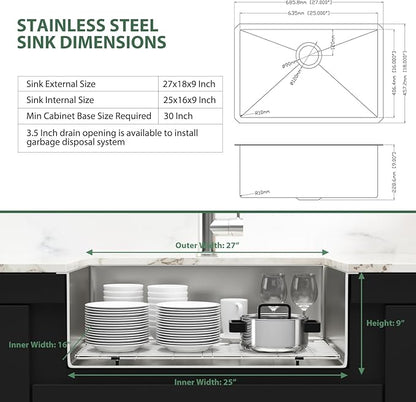 27 Inch Undermount Kitchen Sink 16 Gague Stainless Steel Round Corner Single Bowl Deep Kitchen Sinks Basin 27"x18"x9"