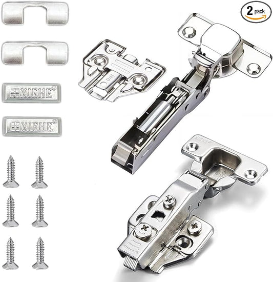 XIEHE Hardware 110 Degree Clip-on Soft Closing Inset Frameless Hinges 2 Pack, for Kitchen Cabinets Door Brushed Nickel 3D Flush Mount European Hinge with Screws