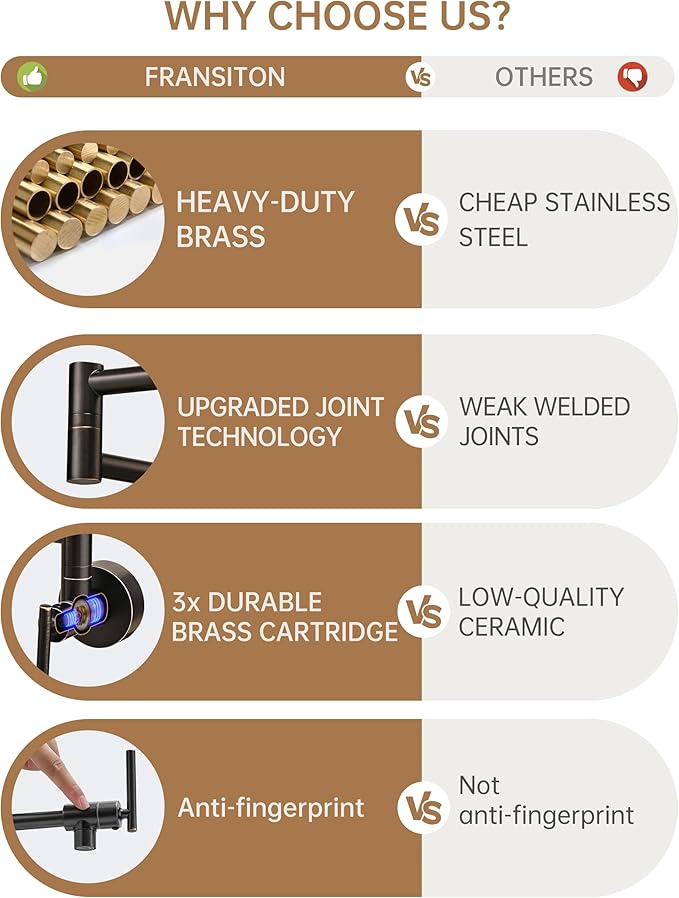Fransiton Oil-Rubbed Bronze Pot Filler, Pot Filler Faucet Wall Mount, Brass Folding Stretchable with Double Joint Swing Arm Single Hole Two Handles Kitchen