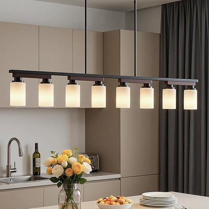 8-Light Kitchen Island Lighting & Farmhouse Dining Room Light Fixtures Over Table, 60inch Rustic Linear Chandelier Adjustable Ceiling Hanging Pendant - Rotating Design, Customizable Shapes, Milk Glass