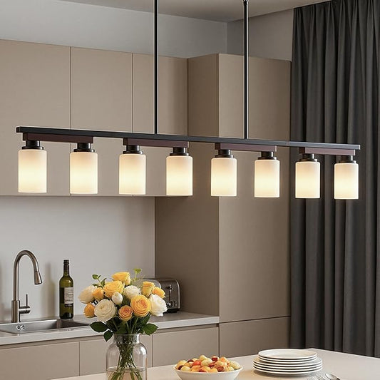 8-Light Kitchen Island Lighting & Farmhouse Dining Room Light Fixtures Over Table, 60inch Rustic Linear Chandelier Adjustable Ceiling Hanging Pendant - Rotating Design, Customizable Shapes, Milk Glass