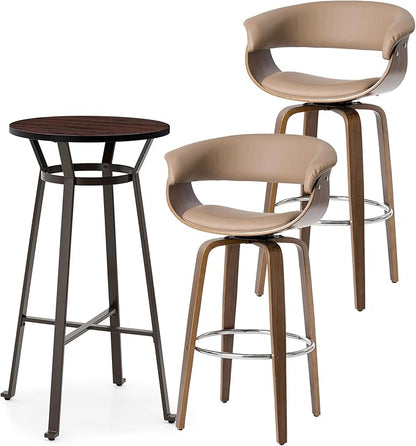 Glitzhome Bar Table and Chairs, Brown PU Leather Adjustable Swivel Bar Stools Set of 2, Square Black Cocktail Pub Table for Kitchen Island Bistro Office Living Room Dining Room Small Space Restaurant