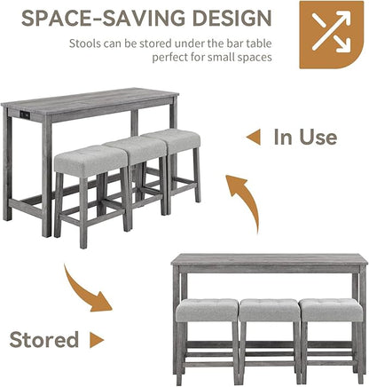 LKTART 4 Piece Bar Table Set Dining Bar Table and Chairs Set with Power Outlet Industrial Breakfast Table with 3 Padded Stools Rustic Bar Kitchen Dinning Room Living Room Grey