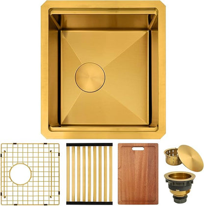 Kitsitchen Gold Bar Sink Undermount,16 Inch Small Bar & Prep Sinks,16 Gauge Stainless Steel Bar Sink with Workstation for Wet Bar Area,Round Corner & Offset Drain Design(16" X 18"X 10")