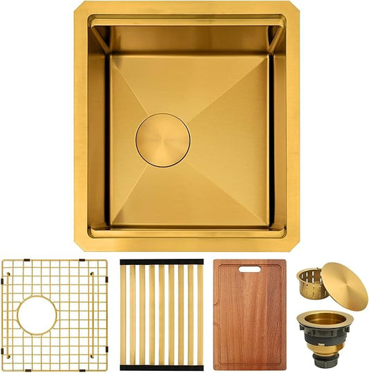 Kitsitchen Gold Bar Sink Undermount,16 Inch Small Bar & Prep Sinks,16 Gauge Stainless Steel Bar Sink with Workstation for Wet Bar Area,Round Corner & Offset Drain Design(16" X 18"X 10")