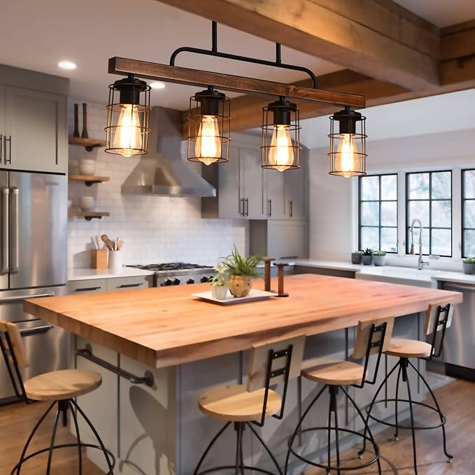 Kitchen Island Lighting,Farmhouse Dining Room Light Fixtures,Rustic Linear Pendant Lighting for Kitchen Island Dining Living Room,Black Metal & Wood