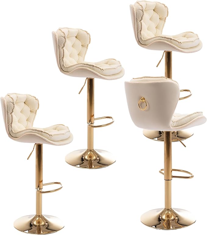 Rhomtree 24-33 Inch Swivel Bar Stools, Adjustable Counter Height Barstools, Velvet Back and Golden Footrest, Bar Chairs for Kitchen Island, Cafe, Bar, Bar Counter, Dining Room, Coffee(Cream Set of 4)