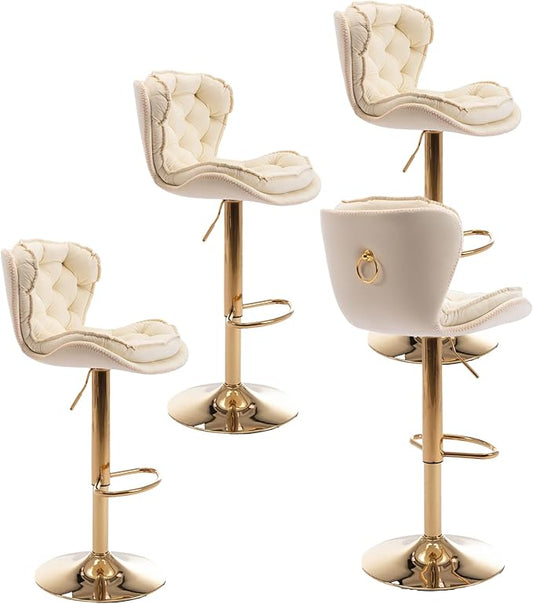 Rhomtree 24-33 Inch Swivel Bar Stools, Adjustable Counter Height Barstools, Velvet Back and Golden Footrest, Bar Chairs for Kitchen Island, Cafe, Bar, Bar Counter, Dining Room, Coffee(Cream Set of 4)
