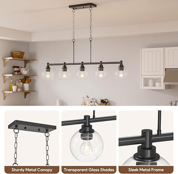 VONLUCE Dining Room Light Fixture Over Table, 5-Light Kitchen Island Lighting with Round Glass Shades & Adjustable Hanging Heights, Linear Chandlier for Dining Room Kitchen, Black, ETL Certificated