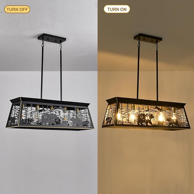 Farmhouse Rustic Dining Room Light Fixture with Bear Design, Black Kitchen Island Lighting, Black Rectangle Chandeliers，Rustic Chandelier for Dining Room Kitchen Island (32-Inch 5-Light)